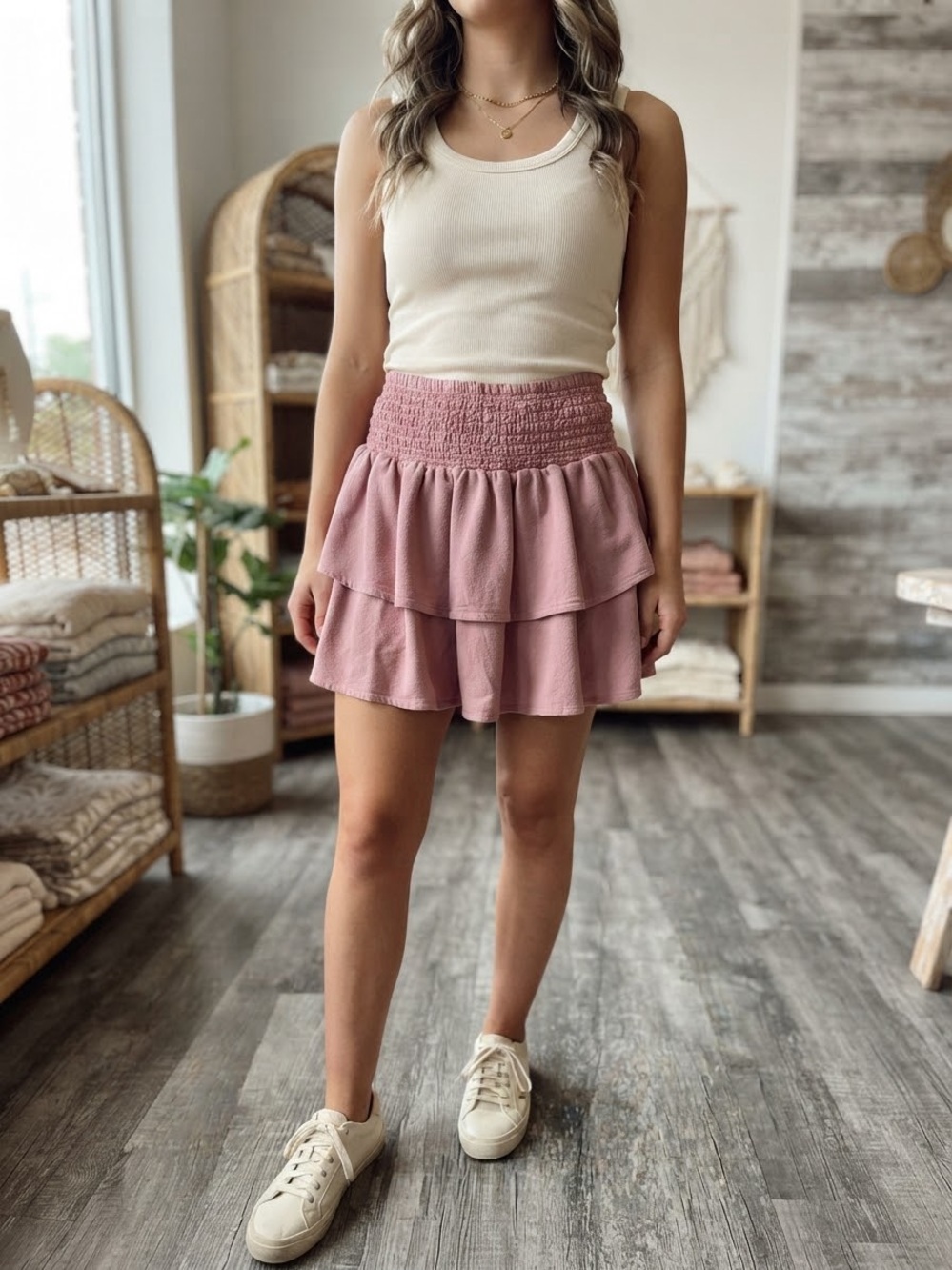 Forever 21 Dusty Pink Smocked Ruffle Mini Skirt